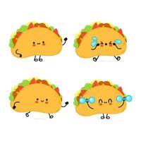 rolig söt glad taco karaktärer paket set. vektor handritad doodle stil seriefigur illustration ikon design. söt taco maskot karaktär samling