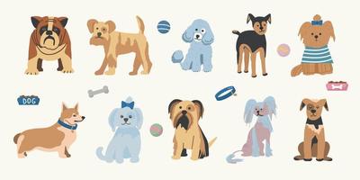 uppsättning av olika raser av sällskapshundar. tryck för tryck på barnkläder. vektor
