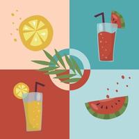 uppsättning av sommaren uppfriskande fruktcocktails. alkoholfria drycker i ett enkelt glasglas och sugrör. smoothiedesign och färska fruktskivor. hälsosam vegansk mat. vektor