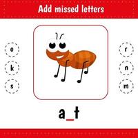 lägg till missade bokstäver. pedagogiskt arbetsblad. myra vektor