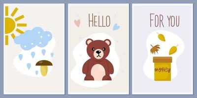 en uppsättning mallar för gratulationskort och babyshower-inbjudningar med djur. söt nallebjörn. vektor