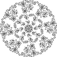 Blumen, Blätter und Beeren in botanischer Zusammensetzung. Vektorhandzeichnung, Strichzeichnungen. Ausmalen für Erwachsene und Kinder. Mandala. Blumenmuster für kreisförmiges Design vektor