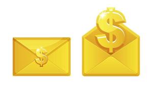 goldene umschläge mit dollarzeichen, umschlagikonen lokalisiert. Vektor-Illustration Brief mit Symbolen Währung, Geld für Grafikdesign.