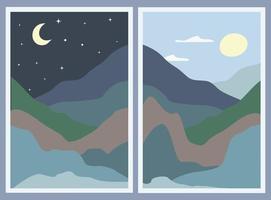 Set aus zwei minimalistischen Landschaften. abstrakte Berge. stilvoller Hintergrund. Wechsel von Tag und Nacht, Mond und Sonne am Himmel. vektor