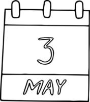 Kalenderhand im Doodle-Stil gezeichnet. 3. mai welttag der pressefreiheit, sonne, datum. Symbol, Aufkleberelement für Design. Planung, Betriebsferien vektor