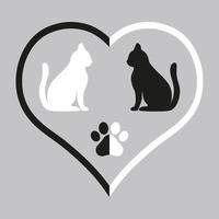 silhuetter av katter i svart och vitt hjärta och tass vektor
