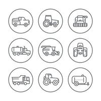 Liniensymbole für landwirtschaftliche Maschinen in Kreisen, Traktor, Mähdrescher, landwirtschaftliche Fahrzeuge, Erntemähdrescher, LKW, Pickup-Symbole, Vektorillustration