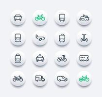 Symbole für Transportlinien, Auto, Schiff, Zug, Flugzeug, Lieferwagen, Fahrrad, Motorrad, Wohnmobil, Bus, Taxi, Trolleybus, U-Bahn, öffentliche Verkehrsmittel vektor