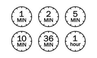 Symbole für Minutentimer eingestellt. Symbol für eine Minute, zwei, fünf, zehn, 36 Minuten und 1 Stunde. das zeigt die begrenzte Kochzeit oder Frist für ein Ereignis oder eine Aufgabe an. Countdown-Vektor-Illustration