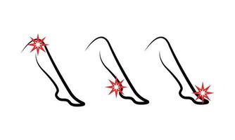 handgezeichnetes Bein mit Schmerzmarker. Problem Knie, Gelenk, Schwielen und Hühneraugen. unbequeme enge Schuhe. medizinisches Gliederungssymbol. Vektorillustration auf weißem Hintergrund vektor