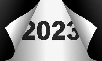 frohes neues jahr 2023 winterurlaub grußkarte entwurfsvorlage. ende 2022 und anfang 2023. das konzept für den beginn des neuen jahres. das Kalenderblatt dreht sich um und das neue Jahr beginnt
