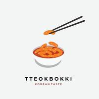 verzehrfertiges Tteokbokki-Illustrationslogo mit Essstäbchen und weißer Schüssel