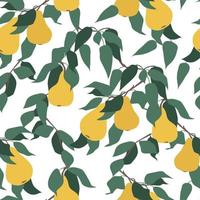 Nahtloses Vektormuster. Früchte einer gelben reifen Birne auf einem Ast mit Blättern. einfache abstrakte Formen, Minimalismus. Obsternte vektor