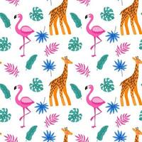 hand gezeichnetes tropisches nahtloses muster mit palme, monsterblättern, giraffe und rosa flamingo auf weißem hintergrund. Vektor-Illustration vektor