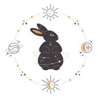 Kaninchen mit astrologischen, esoterischen, mystischen und magischen Elementen. Jahr des Kaninchens vektor