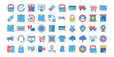 Große Sammlung editierbarer flacher Online-Shopping- und E-Commerce-Symbole für Online-Marktplätze oder Geschäfte im Internet