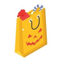 väska med läskigt ansikte, en isometrisk ikon för halloween shopping vektor