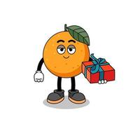 orange frukt maskot illustration ger en gåva vektor