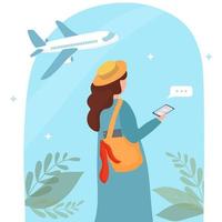 Ein Mädchen am Flughafen mit einem Handy in der Hand. Kommunikation in sozialen Netzwerken und Messengern per Videoanruf. mobile Anwendungen und Internet-Technologie.