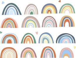 Regenbogenkollektion im Boho-Stil, Pastellfarben. abstrakte handgezeichnete Drucke. minimalistischer skandinavischer regenbogen aus bunten einfachen linien. vektor