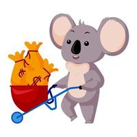 süßer Koala reich isoliert auf weißem Hintergrund. karikaturfigur rollschubkarre mit taschen. vektor