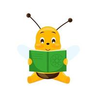 sött bi som läser en bok isolerad på vit bakgrund. leende seriefigur studerar. vektor