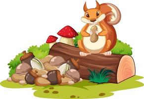 süßes Eichhörnchen, das Nuss auf dem Baumstamm isst vektor