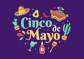 cinco de mayo mexikansk semesterfirande tecknad stilillustration med kaktus, gitarr, sombrero och dricka tequila för affisch eller gratulationskort vektor