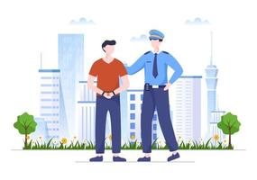 die polizei verhaftet einen kriminellen, indem sie ihm die hände vor dem städtischen hintergrund im flachen cartoon-stil mit handschellen fesselt