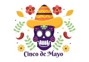 cinco de mayo mexikanische feiertagsfeier-karikaturartillustration mit kaktus, gitarre, sombrero und trinkendem tequila für plakat oder grußkarte vektor