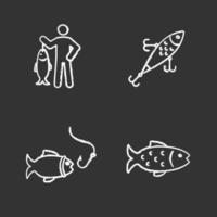 Angelkreide-Icons gesetzt. Fischer, Köder, Fisch und Haken. isolierte vektortafelillustrationen vektor