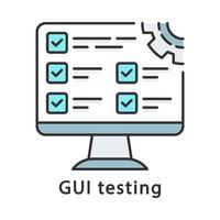 gui testa färgikon. programinställningar. datorskärm. testare, kvalitetssäkringsingenjörsarbete. sökbuggar. isolerade vektor illustration