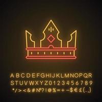 Symbol für Neonlicht mit Königskrone. Kraftsymbol. Kopfbedeckung für Monarch, Prinzessin, Königin. Herr Schatz. königliches Emblem. leuchtendes zeichen mit alphabet, zahlen und symbolen. vektor isolierte illustration