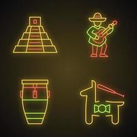 Symbole für Neonlicht der mexikanischen Kultur gesetzt. lateinamerikanische Attraktionen und Unterhaltung. Cinco de Mayo. mexikanische Pyramide, Gitarrist, Conga-Trommel, Pinata. leuchtende Zeichen. Vektor isolierte Illustrationen