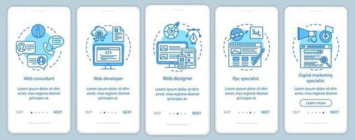 webbkonsultation onboarding mobil app sida skärm vektor mall. webbutveckling. digital marknadsföring. genomgång av webbplatssteg med linjära illustrationer. ux, ui, gui smartphone gränssnitt koncept