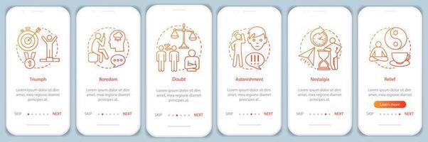 menschliche zustände beim einsteigen auf den bildschirm der mobilen app-seite mit linearen konzepten. triumph, langeweile, zweifel, nostalgie, erleichterung exemplarische schritte grafische anweisungen. ux, ui, gui-vektorvorlage mit illustrationen vektor
