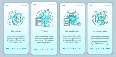 emotionale Intelligenz beim Onboarding mobiler App-Seitenbildschirm-Vektorvorlage. eq Qualitäten, Test, Entwicklung. Walkthrough-Website-Schritte mit linearen Illustrationen. ux, ui, gui smartphone-schnittstellenkonzept vektor