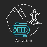 Symbol für das Konzept der aktiven Reisekreide. Reisestil-Idee. extremer Tourismus. Skigebiet. Wandern, Bootfahren, Skifahren. Nervenkitzel beim Rafting, Seekajakfahren. vektor isolierte tafelillustration