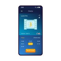 bio smartphone gränssnitt vektor mall. siddesign för mobilappar. biograf för bokning av biljettskärm. platt UI för bioapplikationer. köpa filmbiljetter online. telefondisplay för onlineköp