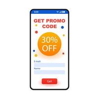 Promo-Code Smartphone-Schnittstellenvorlage. 30 % Rabatt auf Seitenlayout für mobile Websites. Geld vom Gutschein bekommen. Sonderangebot, Online-Gutschein, Geschenkkarte. Anwendung flach ui. Telefonanzeige vektor