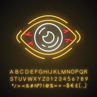 Symbol für Neonlicht bei allergischer Konjunktivitis. Augenentzündung, Reizung, Juckreiz. leuchtendes zeichen mit alphabet, zahlen und symbolen. bakterielle, virale Infektion. vektor isolierte illustration