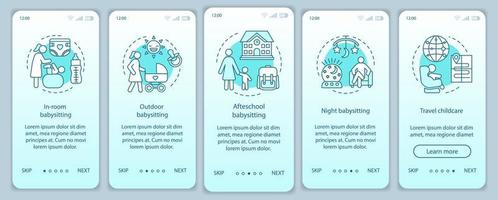 Hotel-Babysitter-Service beim Onboarding mobiler App-Bildschirm-Vektorvorlage. Kindermädchen wählen. Babysitter im Zimmer, Nacht, Reisen, im Freien. Walkthrough-Website-Schritte. ux, ui, gui smartphone-schnittstellenkonzept vektor