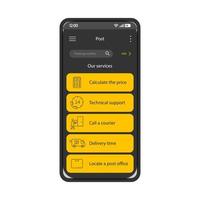 paket leverans spårning app smartphone gränssnitt vektor mall. mobil logistik applikationssida svart design layout. posttjänster, skärm för fraktalternativ. platt ui. paketspårningstelefondisplay