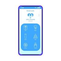 Hochzeitsplaner Smartphone-App-Schnittstellenvektorvorlage. blaues designlayout der mobilen anwendungsschnittstelle. Bildschirm für Hochzeitsfeiern. Brautführer. flache ui. Telefonanzeige vektor