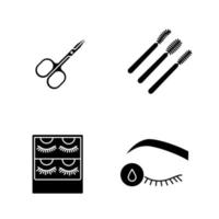 Glyphensymbole für Wimpernverlängerung gesetzt. Silhouettensymbole. Scheren, Einweg-Wimperntuschestifte, Verpackungen für falsche Wimpern, Grundierung für die Wimpernverlängerung. vektor isolierte illustration