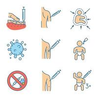 vaccination och immunisering färgikoner set. subkutan injektion, vaccination till barn och vuxna, influensavirus, vaccinallergi, läkemedelsförbud. isolerade vektorillustrationer vektor