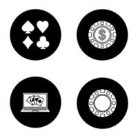 Casino-Glyphen-Symbole gesetzt. Casino-Chips, Online-Poker, Spielkartenanzüge. Vektor weiße Silhouetten Illustrationen in schwarzen Kreisen