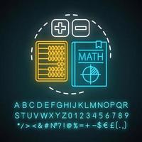 grundläggande matematik lektion neonljus koncept ikon. grundskolans matematik, addition och subtraktion kurser idé. glödande tecken med alfabet, siffror och symboler. vektor isolerade illustration