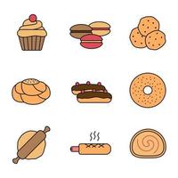 Bäckerei-Farbsymbol. Cupcake, Macarons, Schokoladenstückchen, Gebäckbrot, Eclair, Bagel, Nudelholz, French Hot Dog, Swiss Roll. isolierte vektorillustration vektor