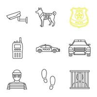 polisens linjära ikoner set. övervakningskamera, militärhund, polisbricka, walkie talkie, bil, rånare, fotspår, fånge. tunn linje kontur symboler. isolerade vektor kontur illustrationer